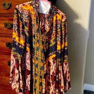 UMGEE Floral Print Lace Boho Tunic Mini Dress SZ large flare sleeve cotton/poly